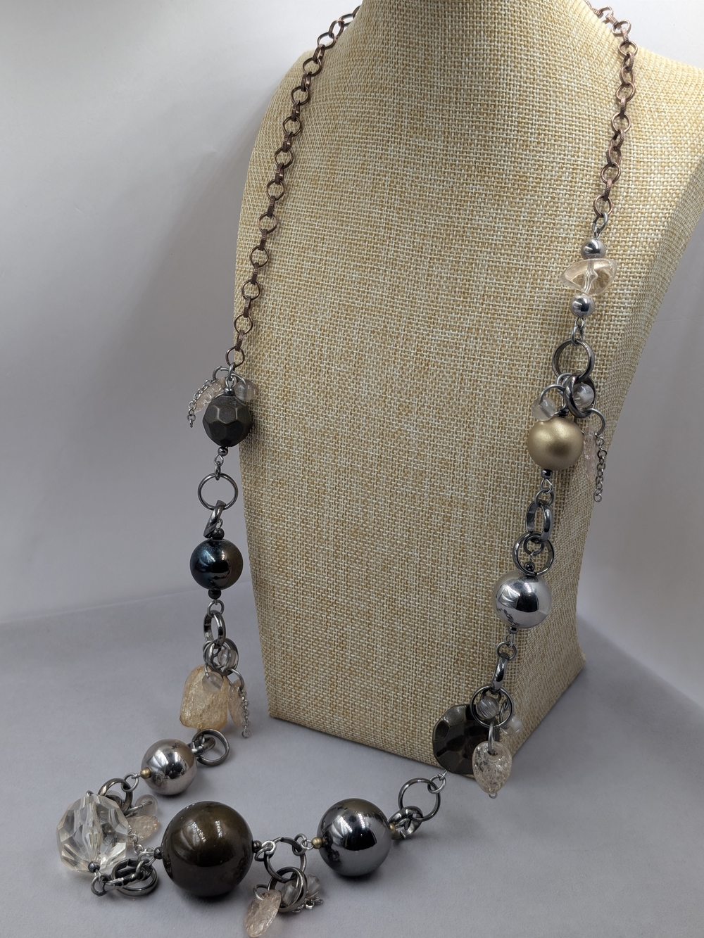 Chico’s Long Statement Necklace Mixed Metal Oversized Beads Modernist | 0248